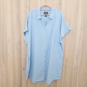 Tahari Womens Linen Dress Size 3X Light Blue Button Front Coastal Minimalist